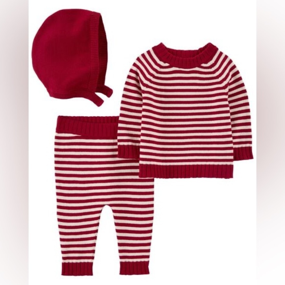 NEWβ Carters Baby Red Ivory Striped 3 Piece Sweater Pants Bonnet Set 3M